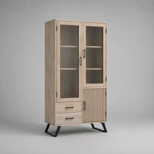 Meuble vitrine 3 portes et 2 tiroirs en MDF, métal et verre, 90 x 40 x 180 cm, chêne clair, verre fumé et noir