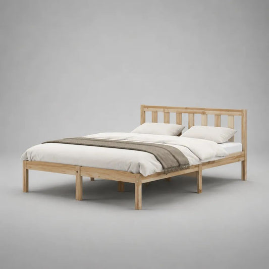 Lit double 160 x 200 cm en pin massif naturel avec sommier à lattes et tête de lit à barreaux